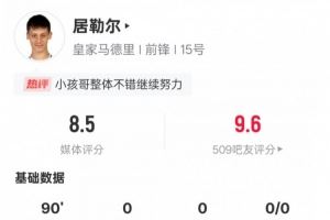 居勒尔本场数据:2过人成功3关键传球&3抢断,评分8.5全场最高