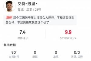 努里首秀数据:4次成功过人、传球成功率94.9%、传中6次,评分7.4