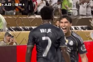 皇马1-0领先!维尼修斯破门,贝林贴地弧线直塞,皇马实时排第一